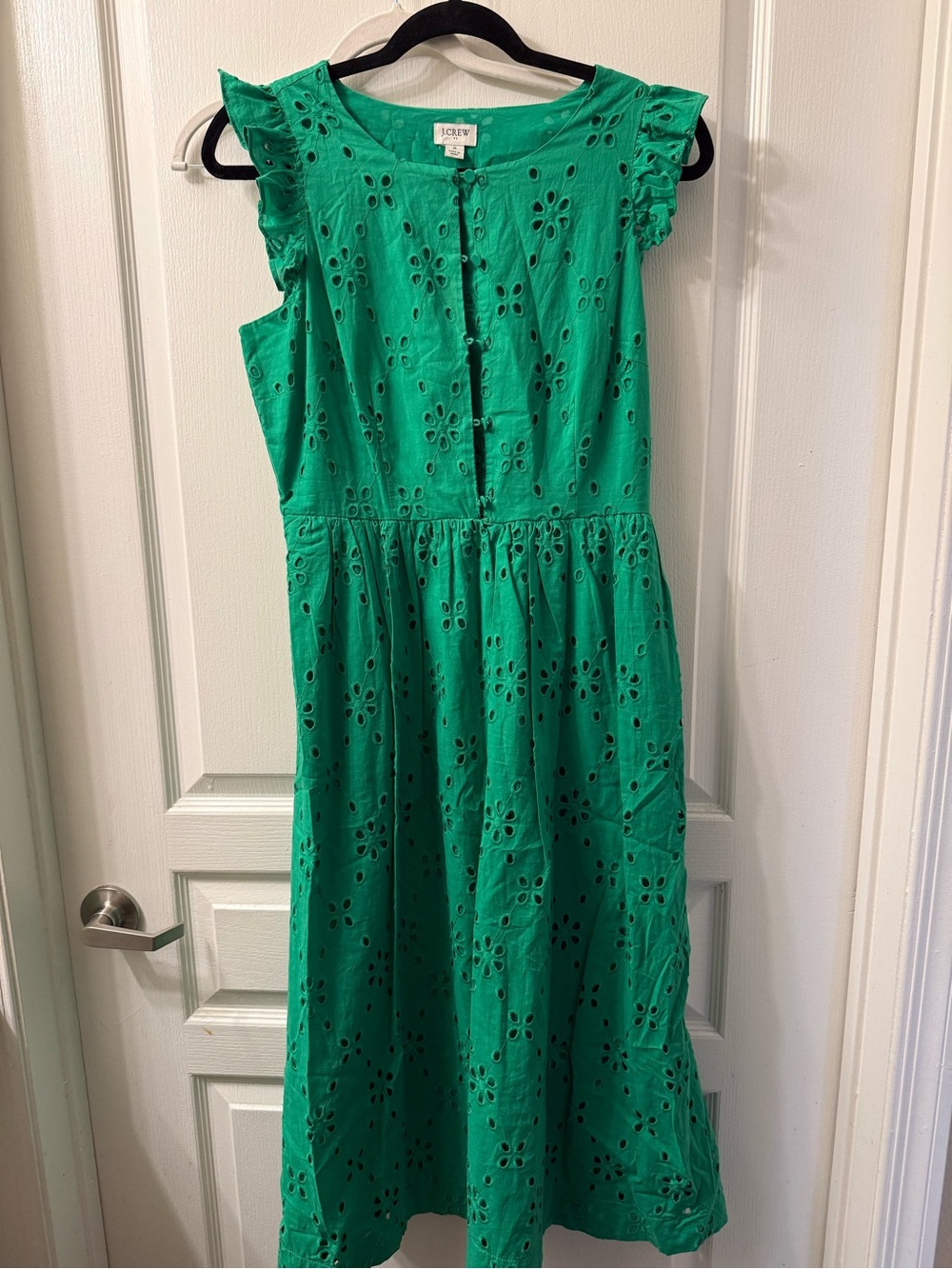 J. Crew Green Eyelet Midi Dress with Ruffle Cap Sleeves